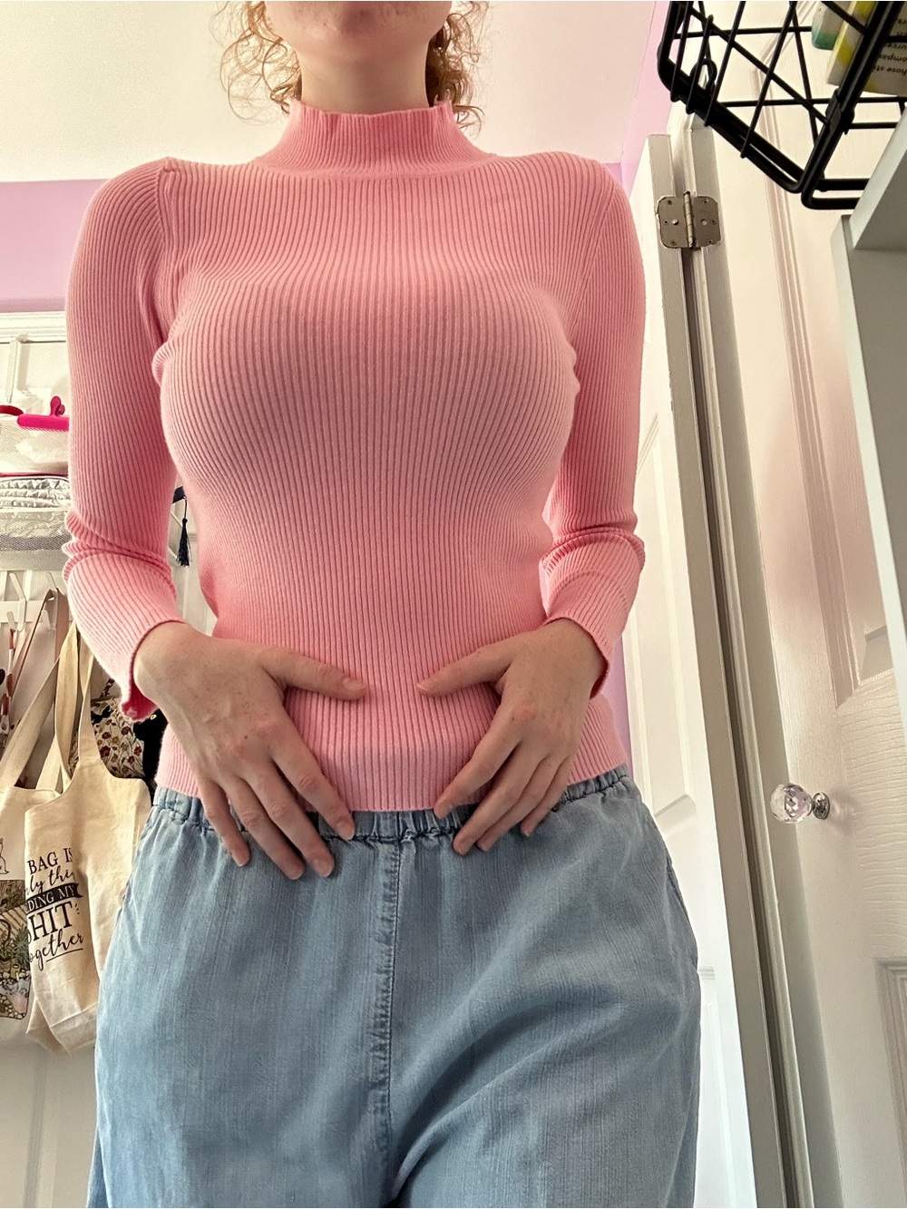 New Mix Pink Ribbed Cowl-Neck Sweater